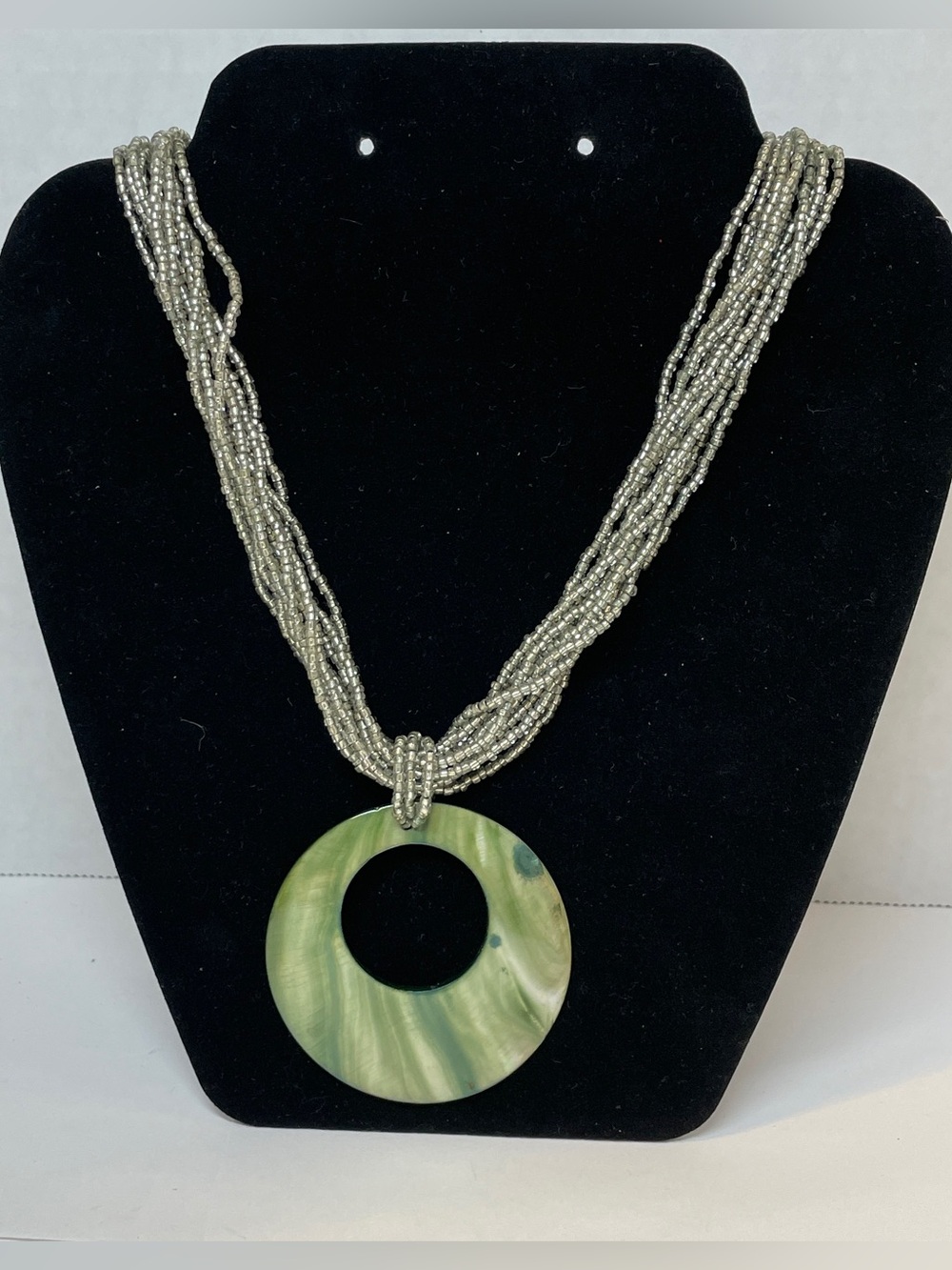 Abalone Shell Pendant Necklace Sage Givre Seed Beads Layered Collar 18"